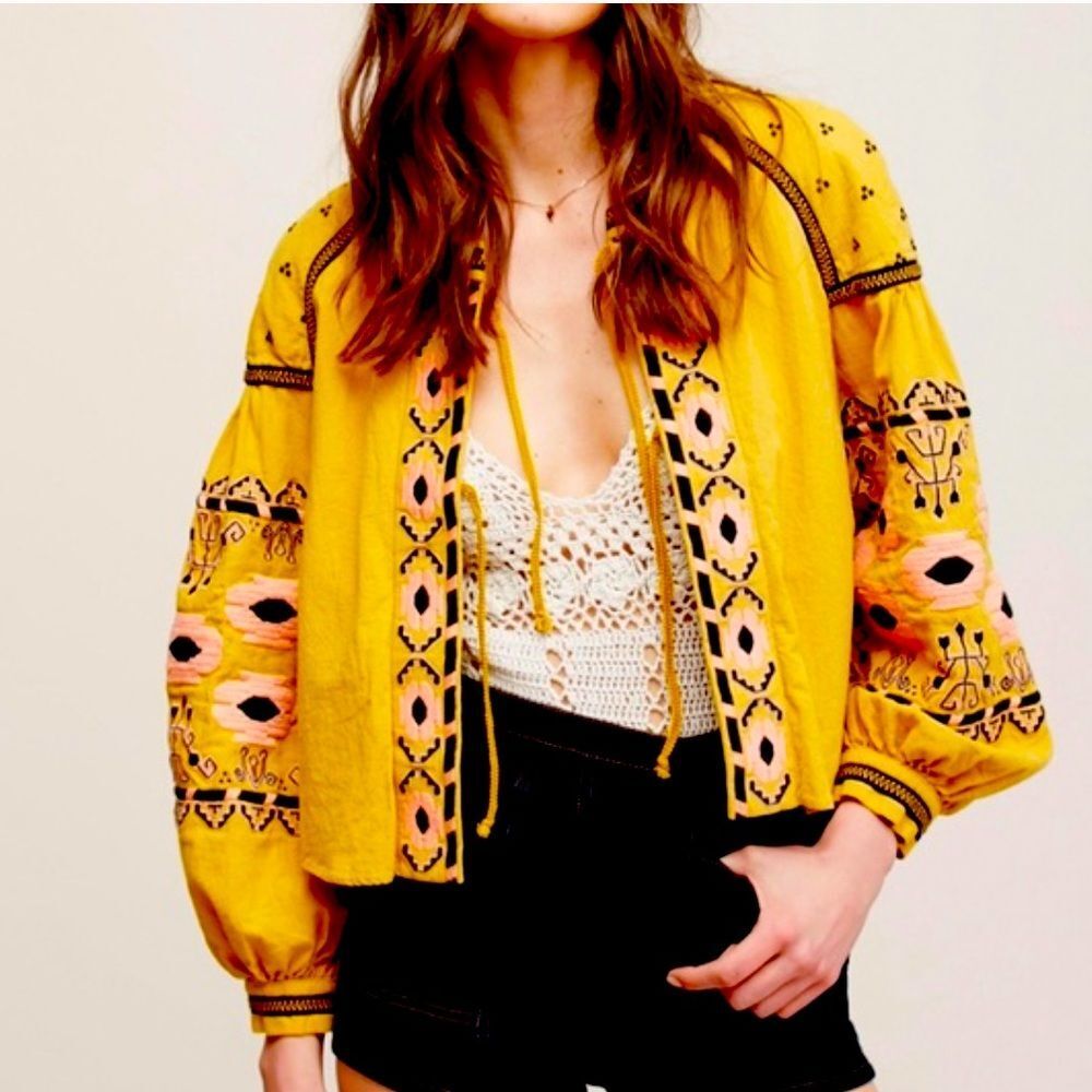 Anthropologie RD & Koko Embroidered Mustard Teddy Jacket Size Small